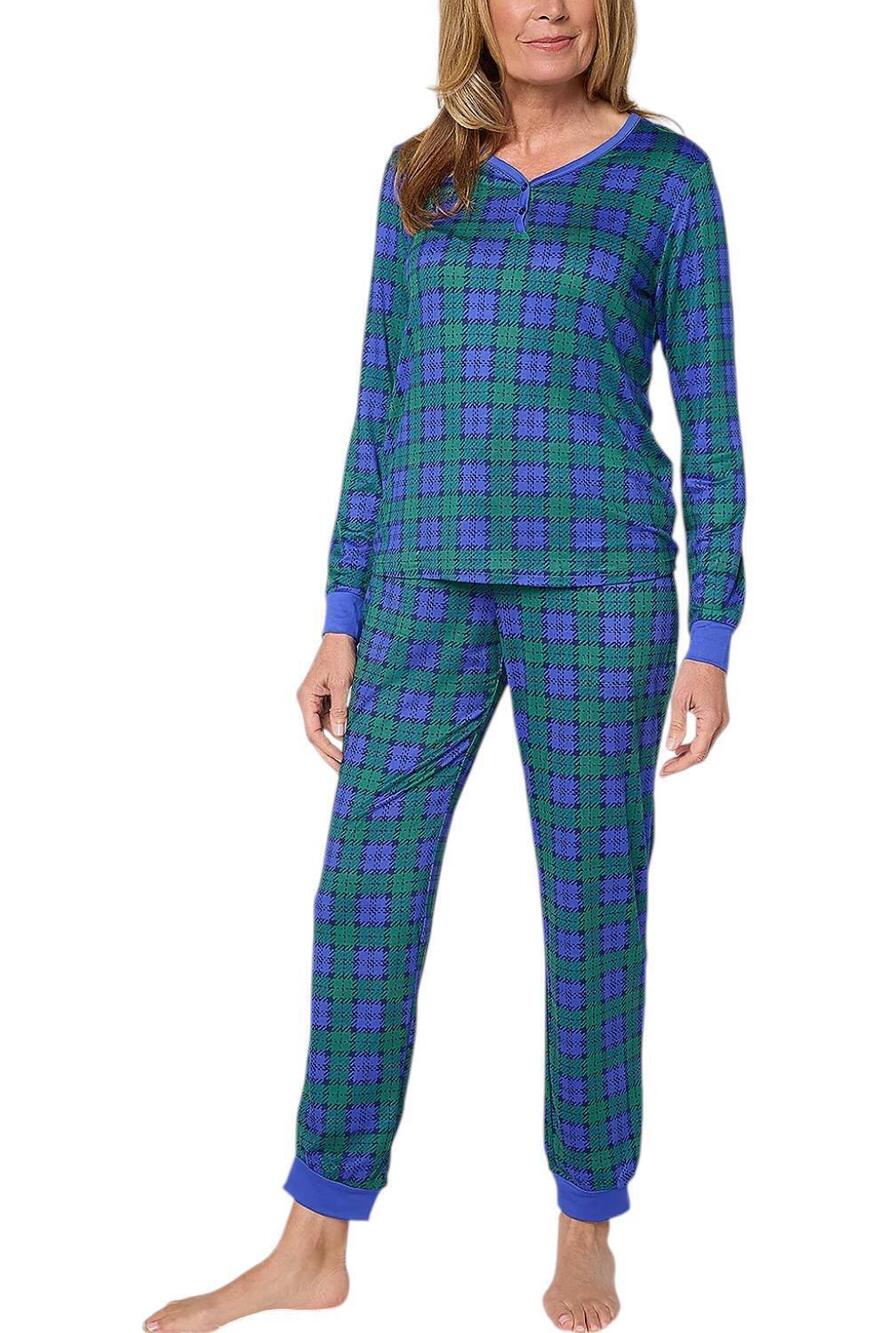 MUK LUKS Women's Cloud Knit Henley Pajama Set Green/Navy - Petite